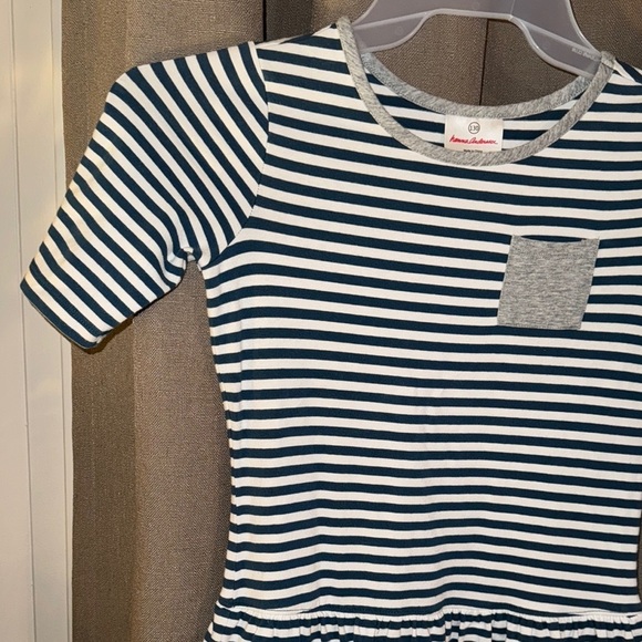 Hannah Anderson Navy Striped Kids/Girls Ruffled Dress w/Front Pocket Size 8 - Picture 2 of 16